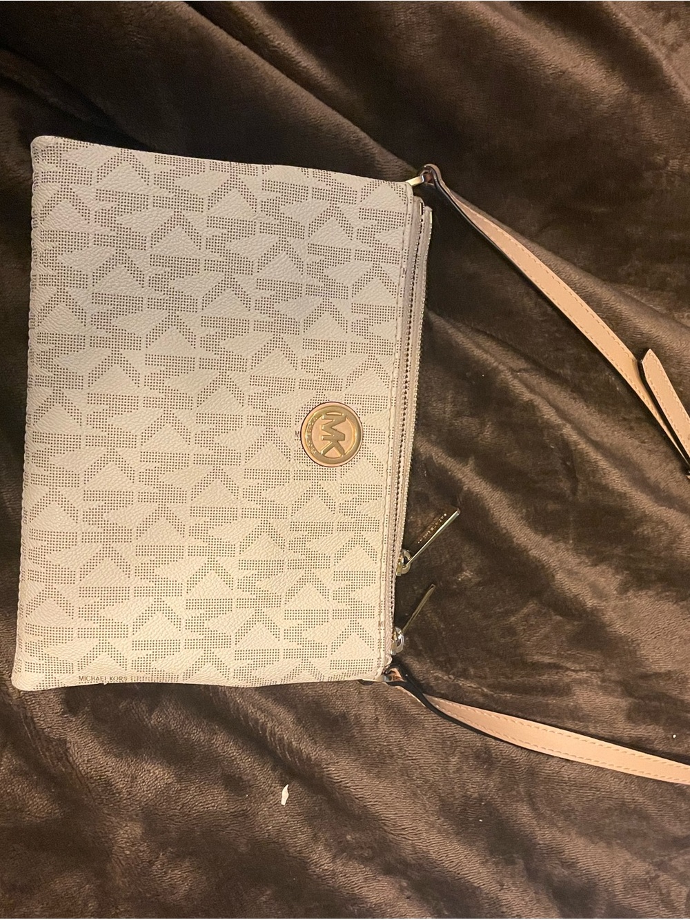 Michael Kors Light Gray MK Logo purse with Tan Strap and Gold Medallion